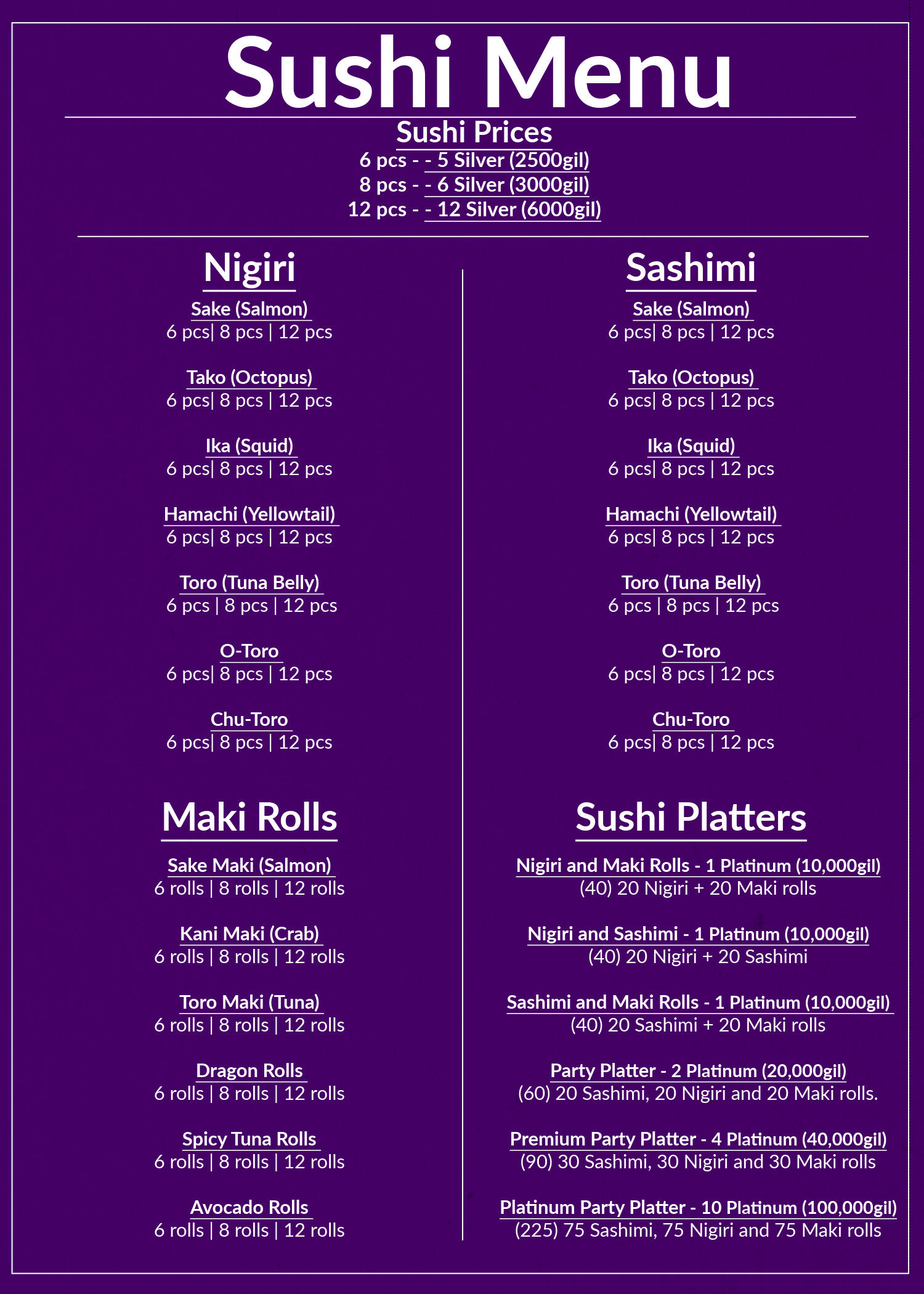 Sushi Menu